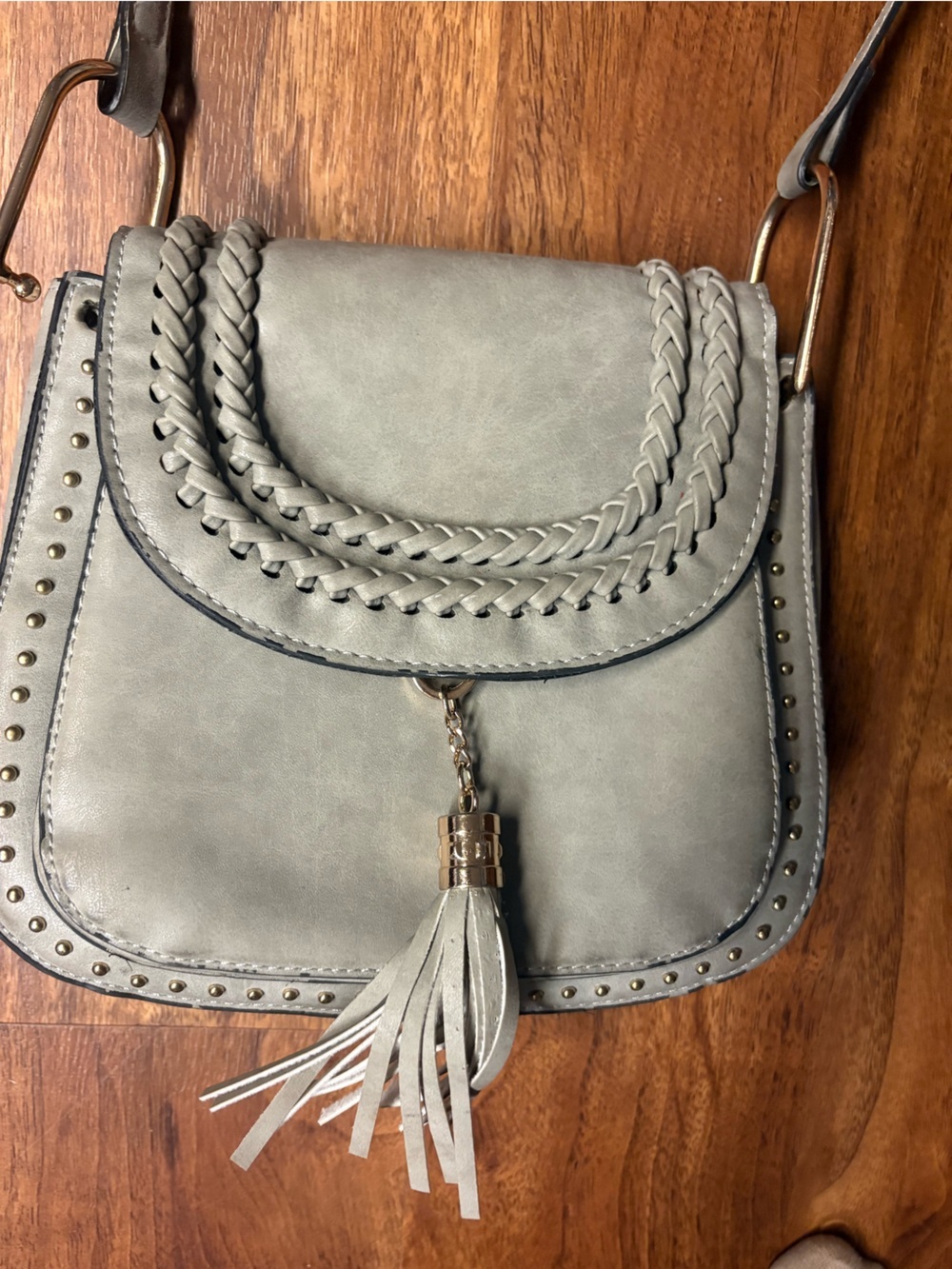 Tom Clovers Gray Braided Saddle Bag Crossbody Purse With Tassel